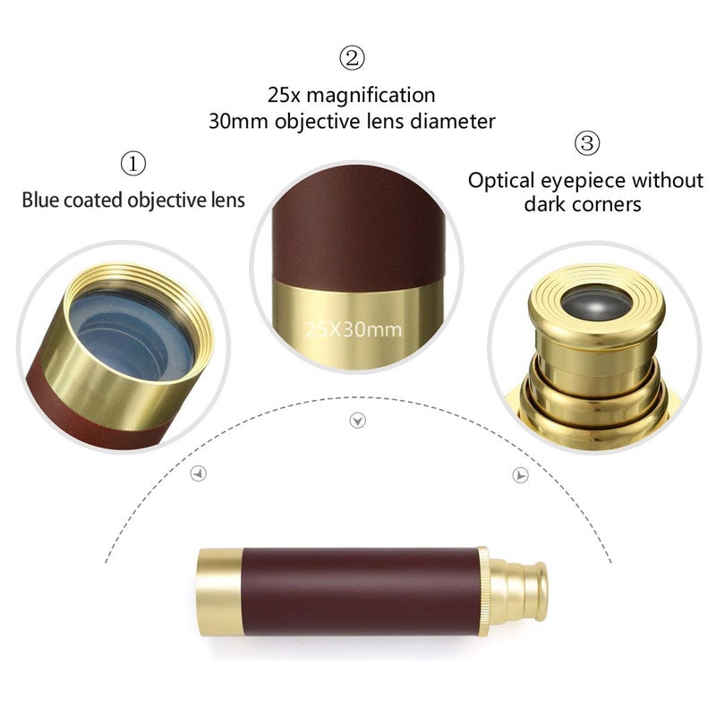 Aubric Pirate Monocular Telescope for Kids & Adults, Handheld Collapsible Brass Telescope 25x30 Zoomable Portable Pirate Spyglass for Cruise Ship Travel Watching Games Hiking Hunting and More - Image 3